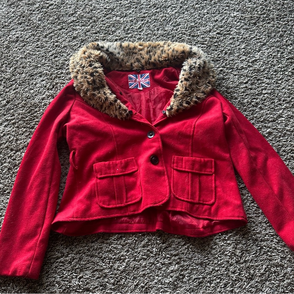 Miss London red cheetah cropped coat vintage